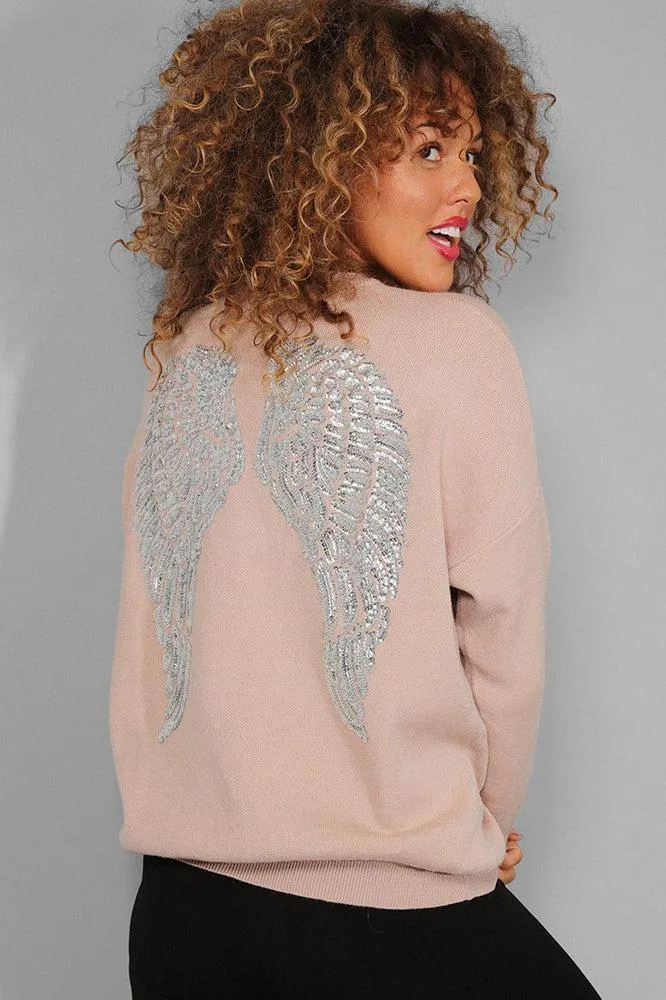 Beige Super Soft Knit Sequinned Wings Back Pullover