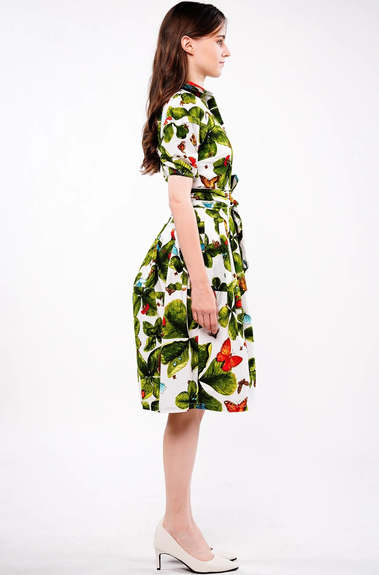 Claire Dress Shirt Collar Short Puff Sleeve Cotton Stretch (Clover Butterfly Small) (Clover Butterfly Small)