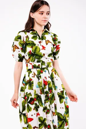 Claire Dress Shirt Collar Short Puff Sleeve Cotton Stretch (Clover Butterfly Small) (Clover Butterfly Small)