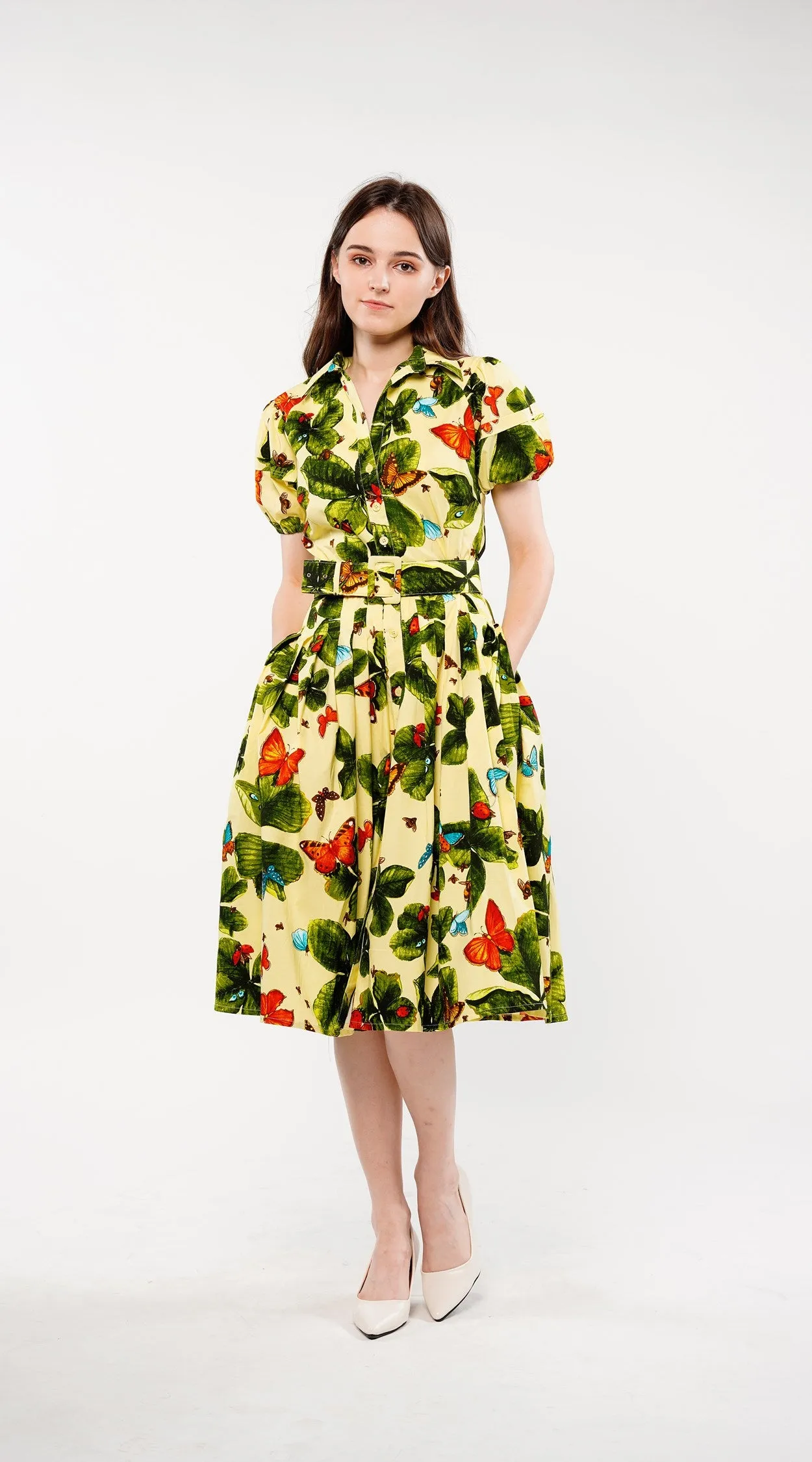 Claire Dress Shirt Collar Short Puff Sleeve Cotton Stretch (Clover Butterfly Small) (Clover Butterfly Small)