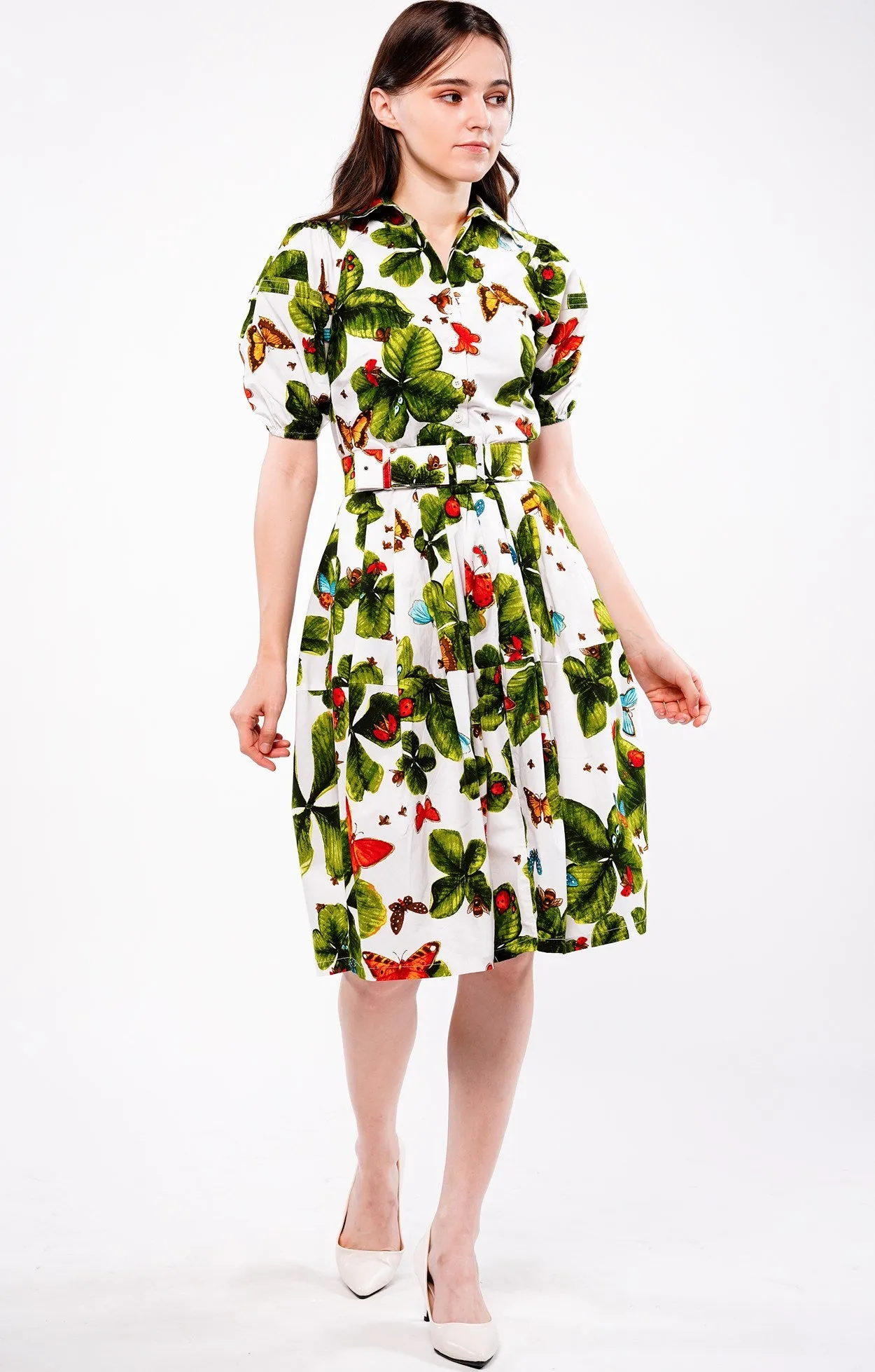 Claire Dress Shirt Collar Short Puff Sleeve Cotton Stretch (Clover Butterfly Small) (Clover Butterfly Small)