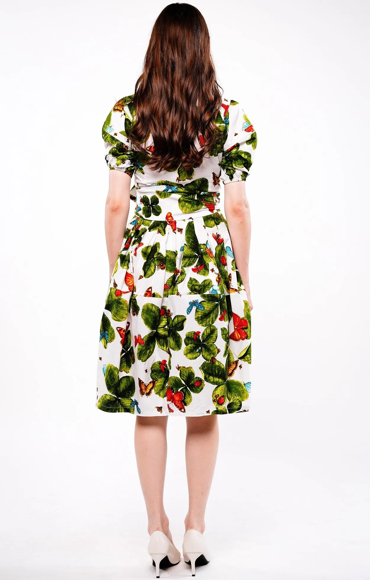 Claire Dress Shirt Collar Short Puff Sleeve Cotton Stretch (Clover Butterfly Small) (Clover Butterfly Small)