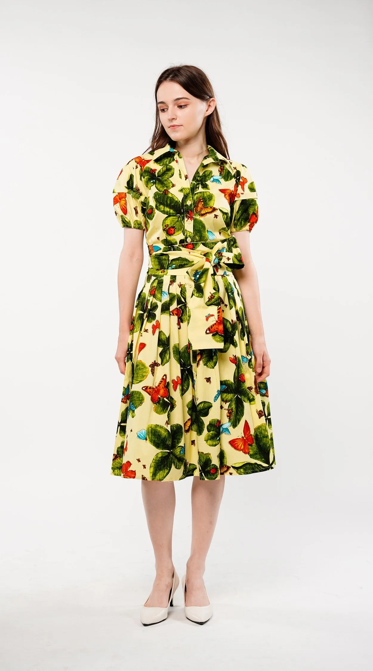 Claire Dress Shirt Collar Short Puff Sleeve Cotton Stretch (Clover Butterfly Small) (Clover Butterfly Small)