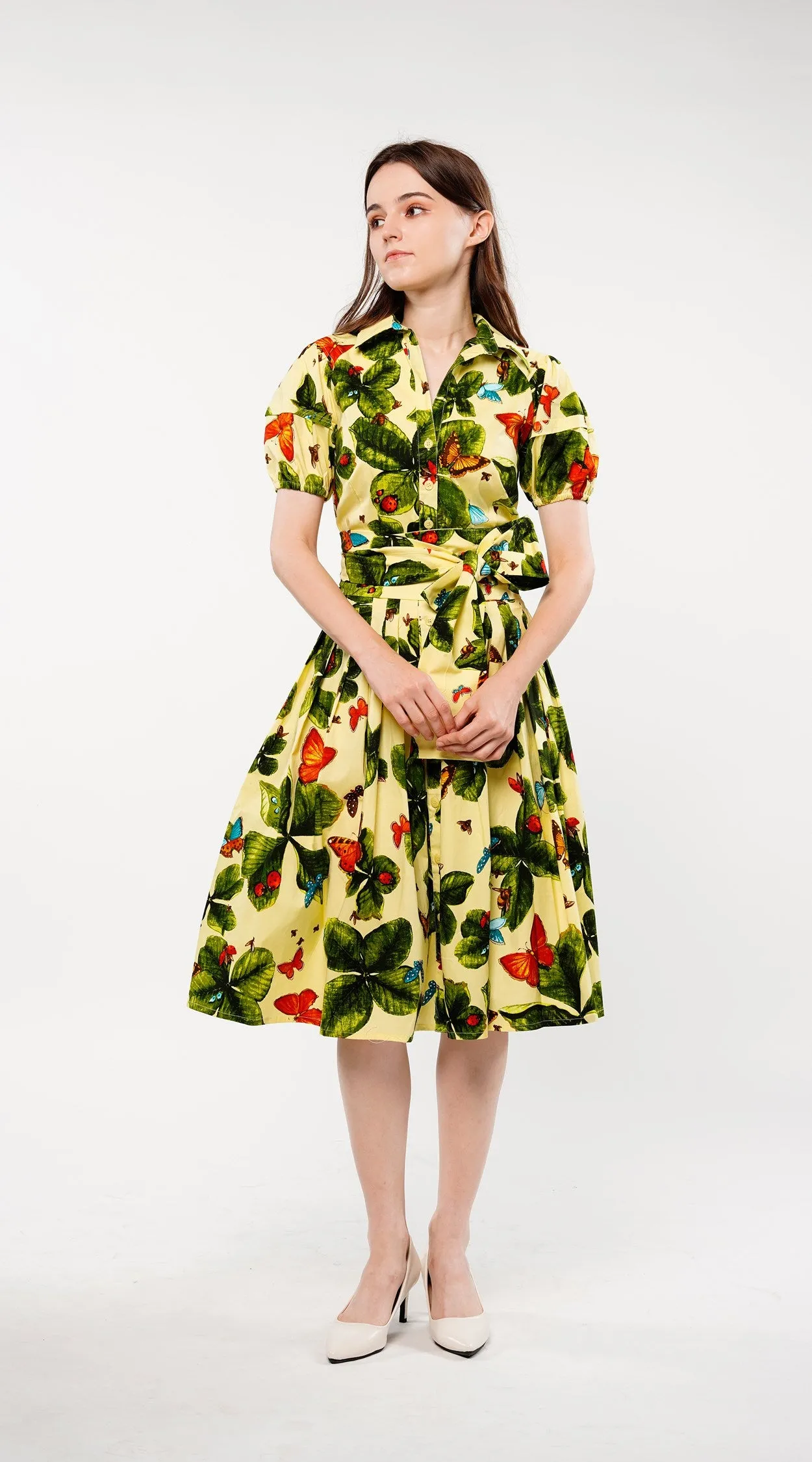 Claire Dress Shirt Collar Short Puff Sleeve Cotton Stretch (Clover Butterfly Small) (Clover Butterfly Small)