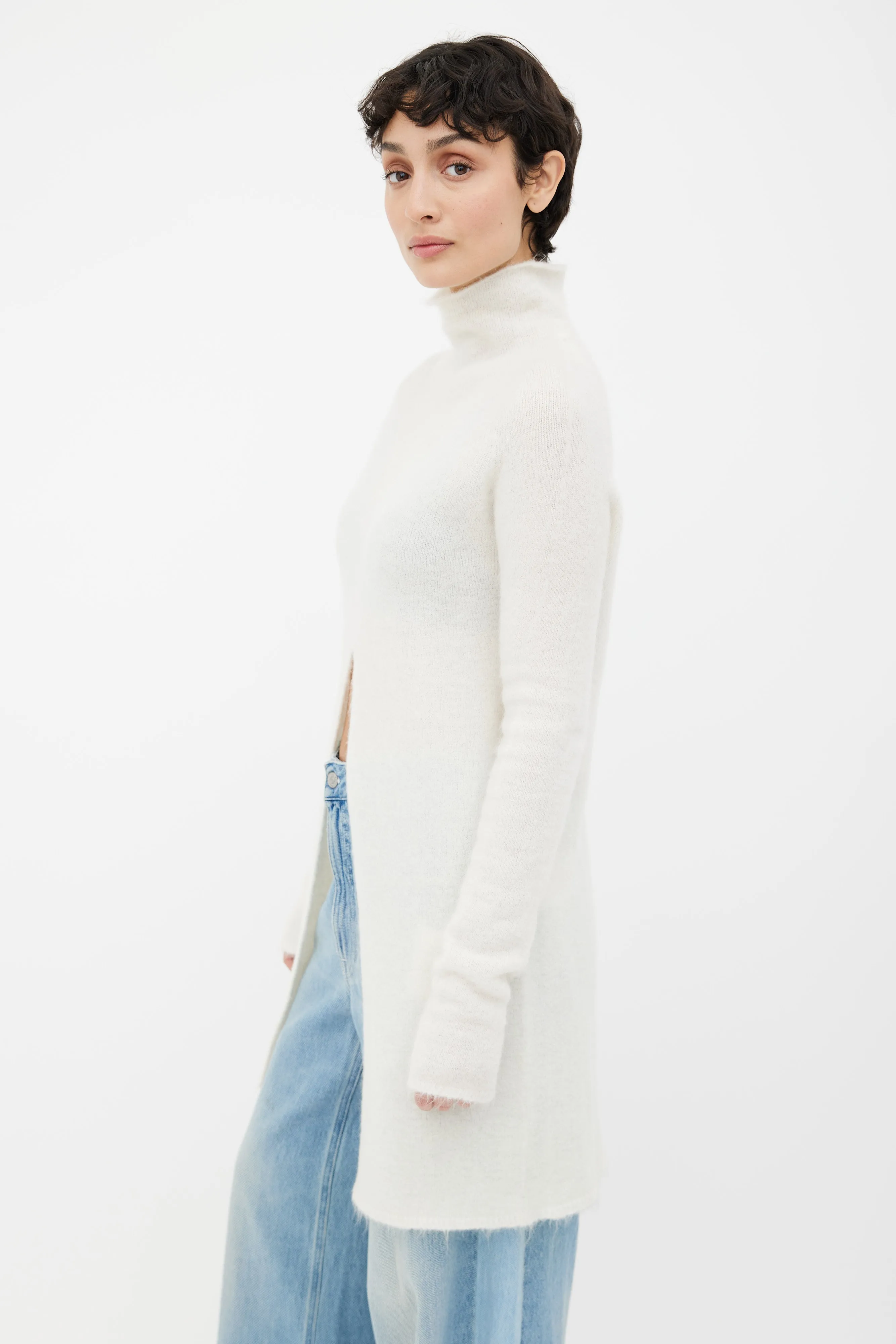 Cream Open Long Turtleneck Sweater