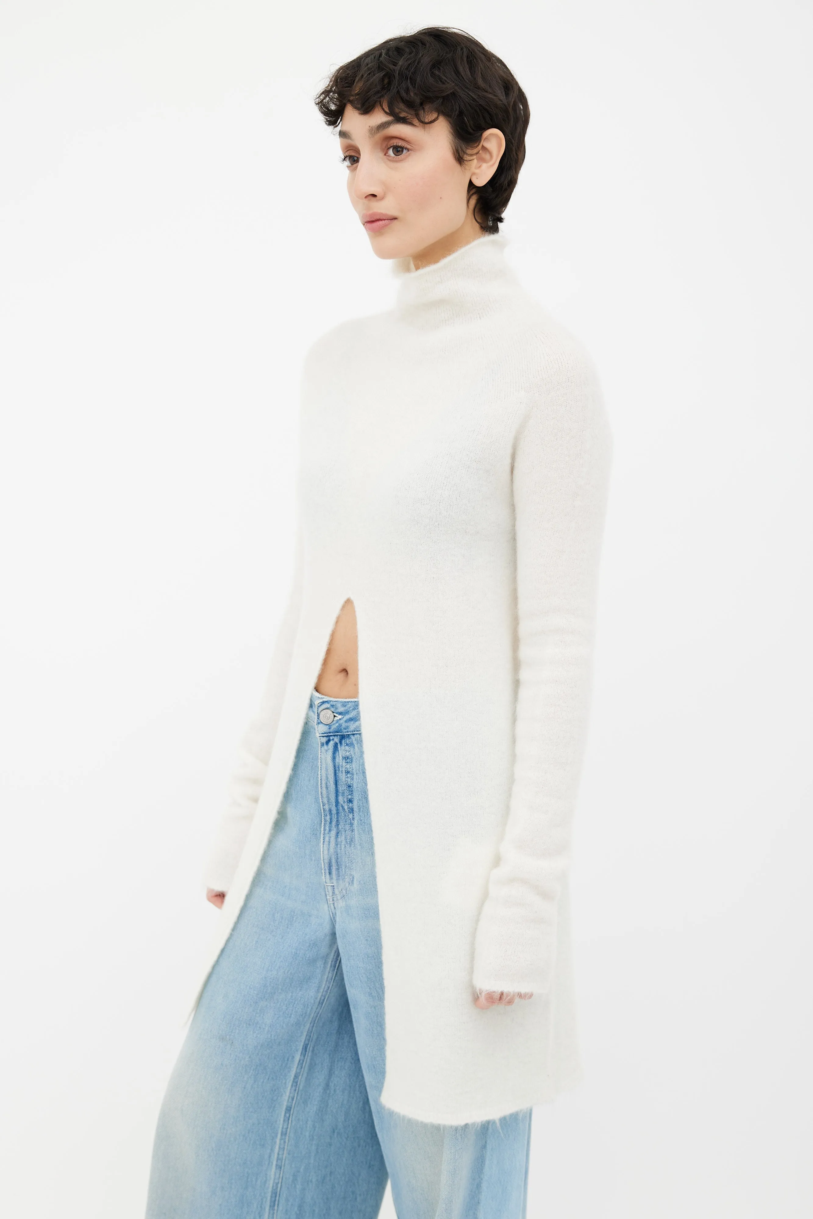 Cream Open Long Turtleneck Sweater