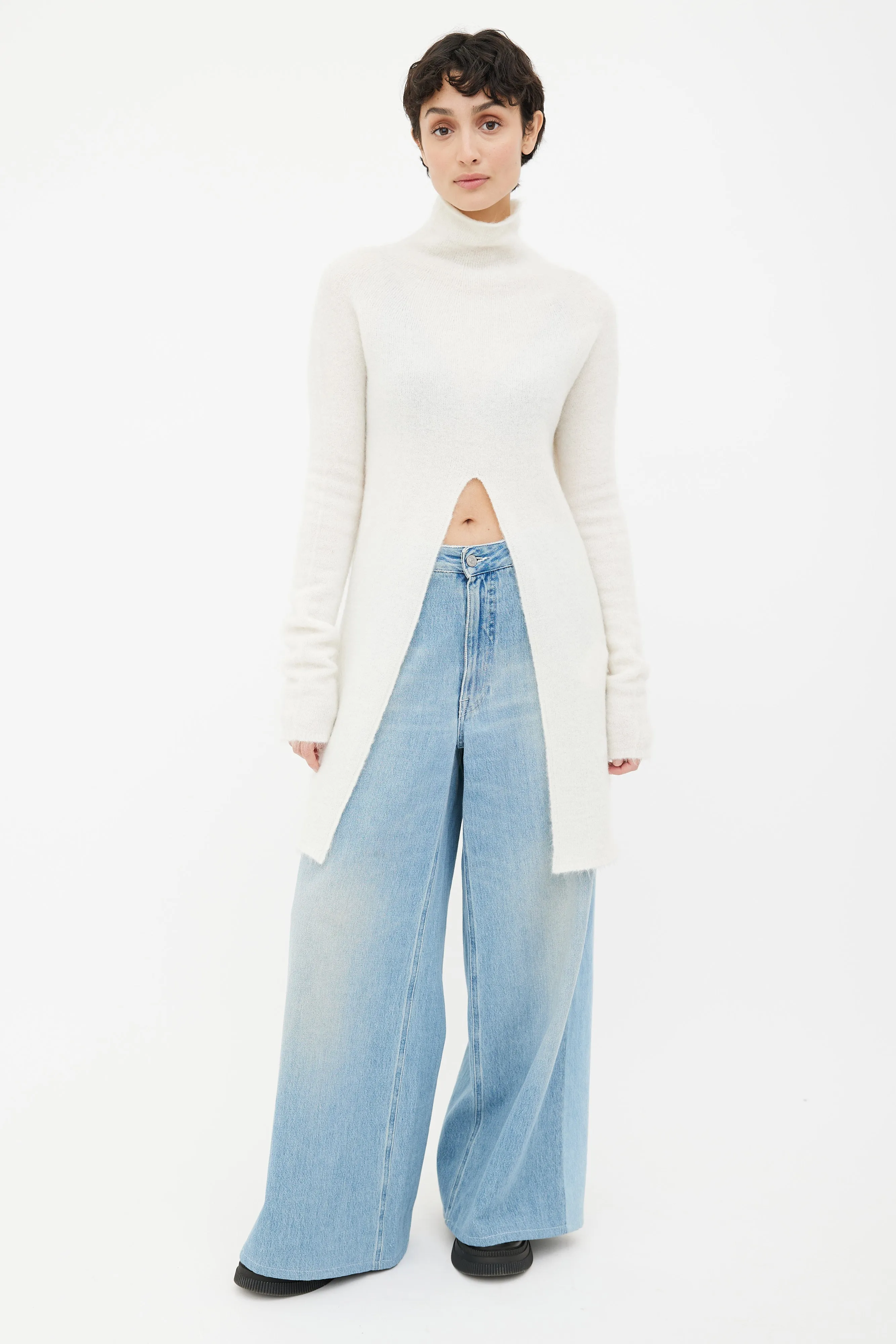 Cream Open Long Turtleneck Sweater