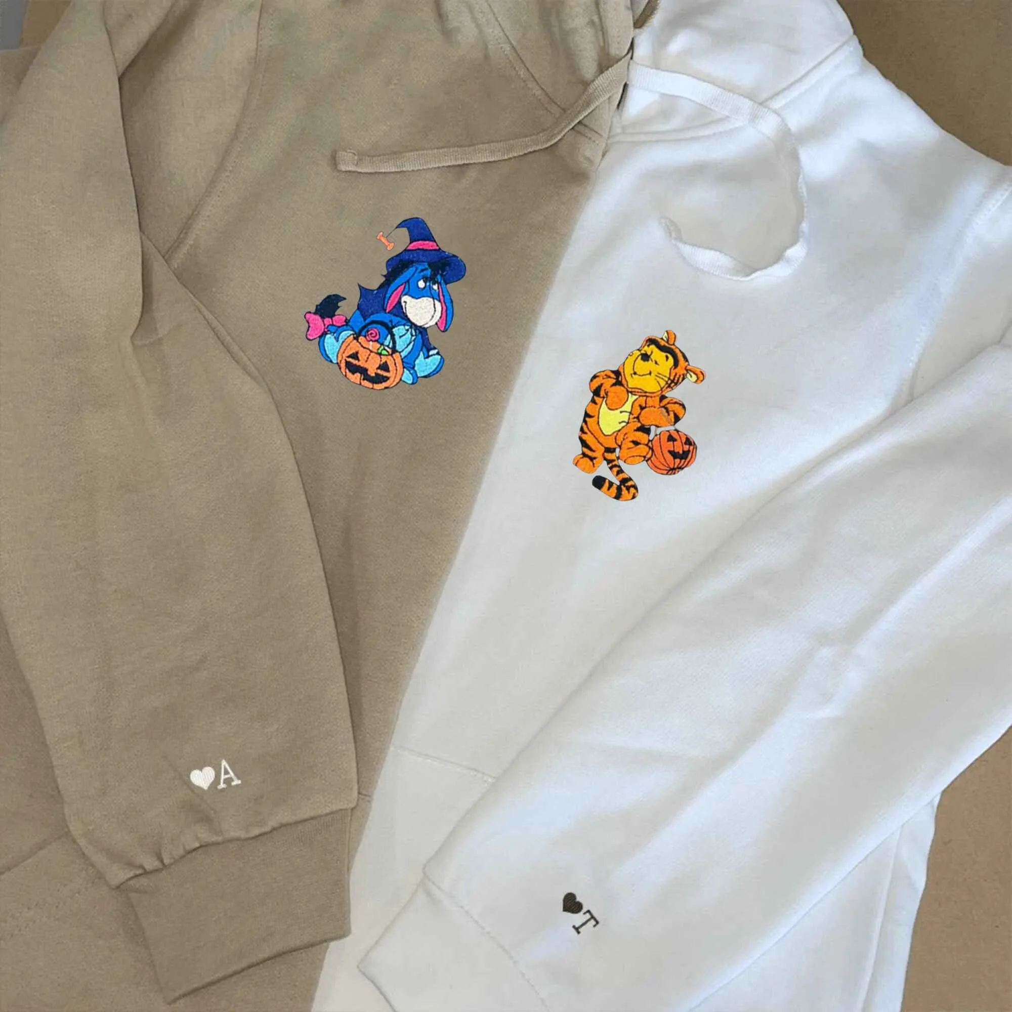 Custom Embroidered Eeyore & Tigger Couple Hoodies | Halloween Matching Sweaters For Couple
