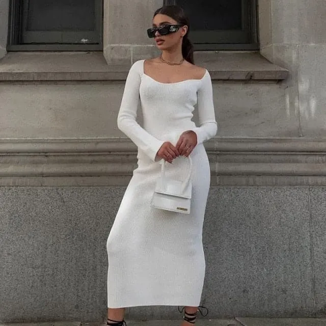DressBetty - Square Neck Long Sleeve Soft Sweater Dress
