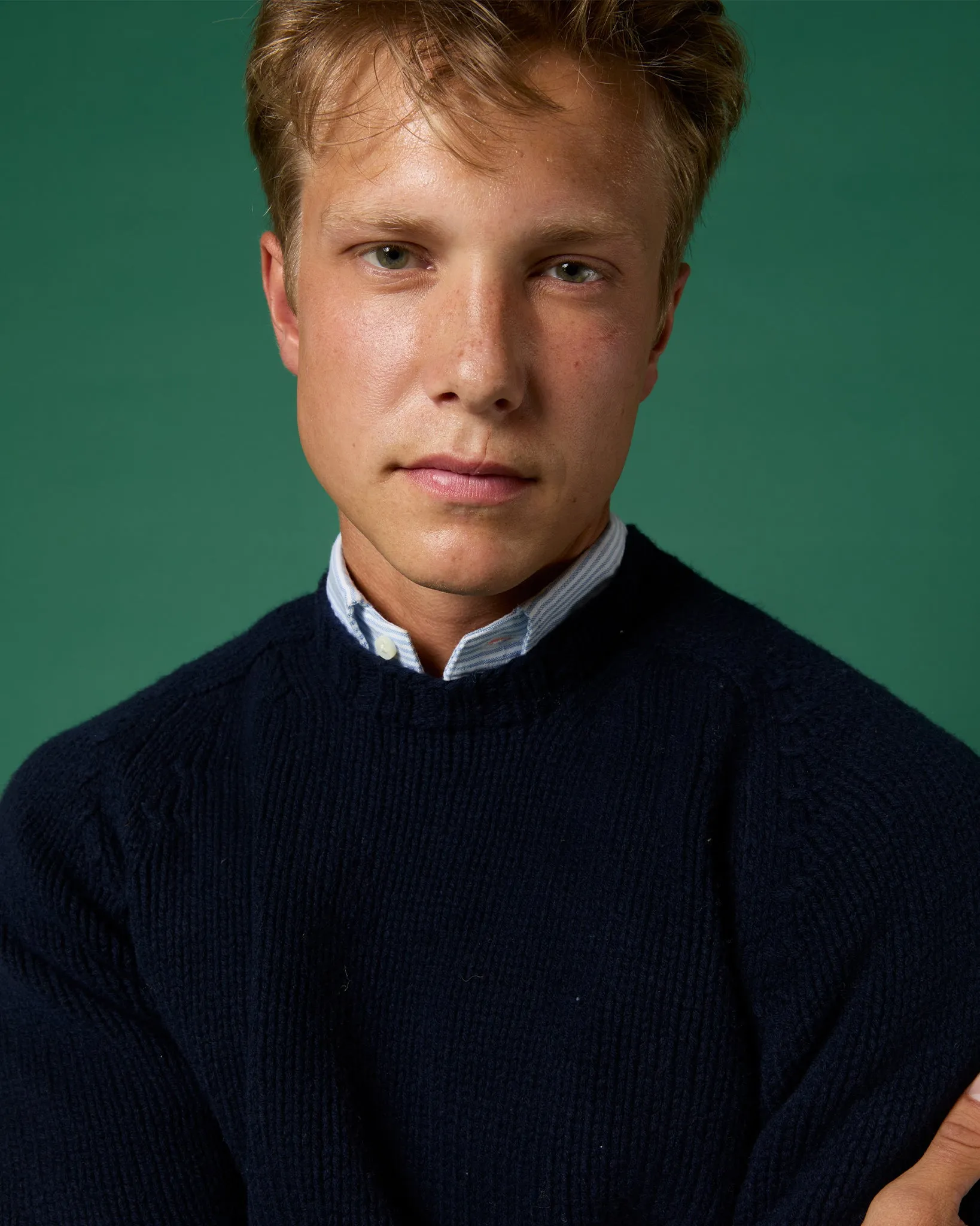 Hand-Knit Luxe Crewneck Sweater in Navy Escorial Wool
