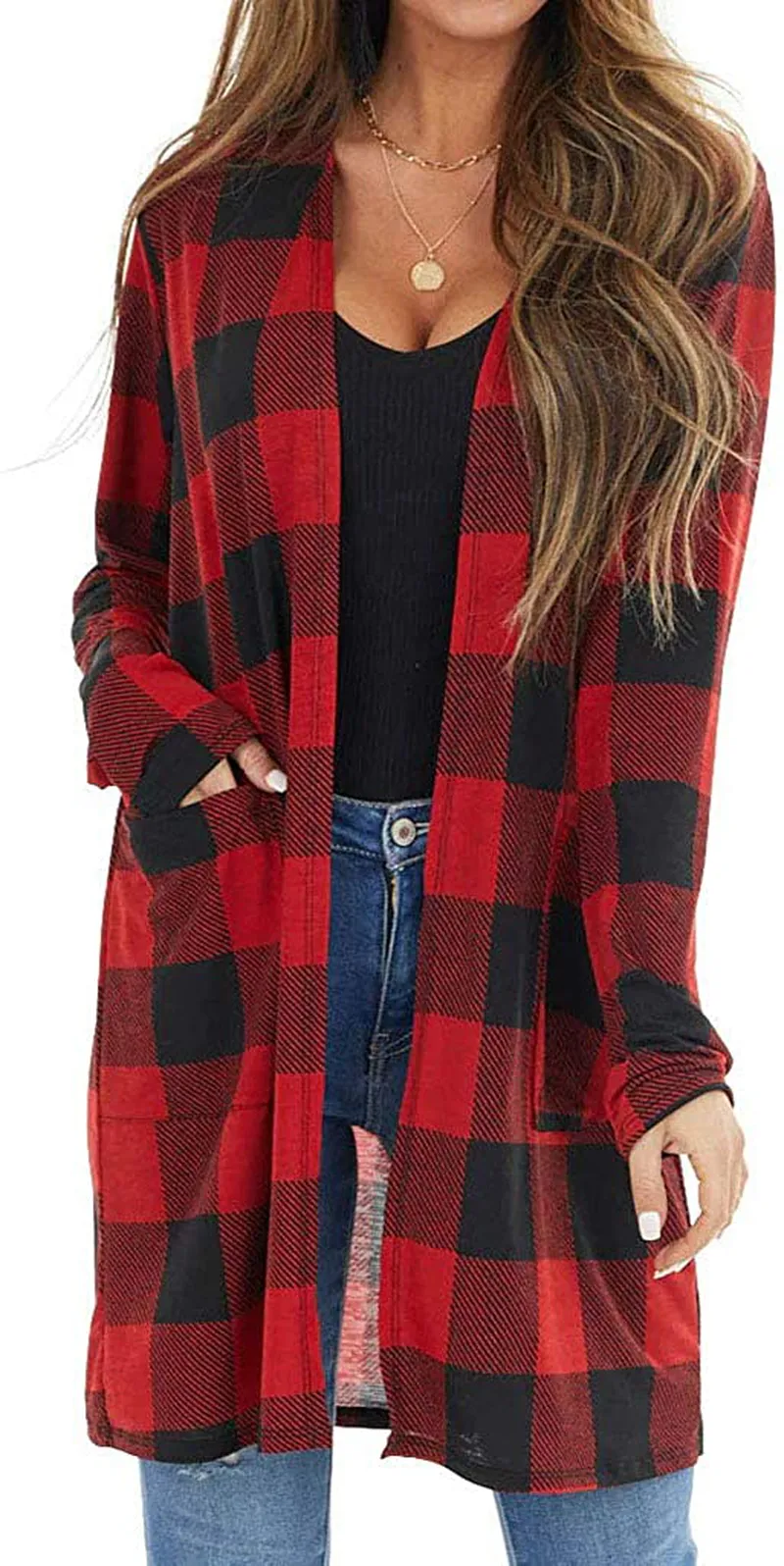 Lacozy Women's Open Front Long Knit Cardigan Draped Snap Buffalo Plaid Shirt Kimono Cardigan Sweater