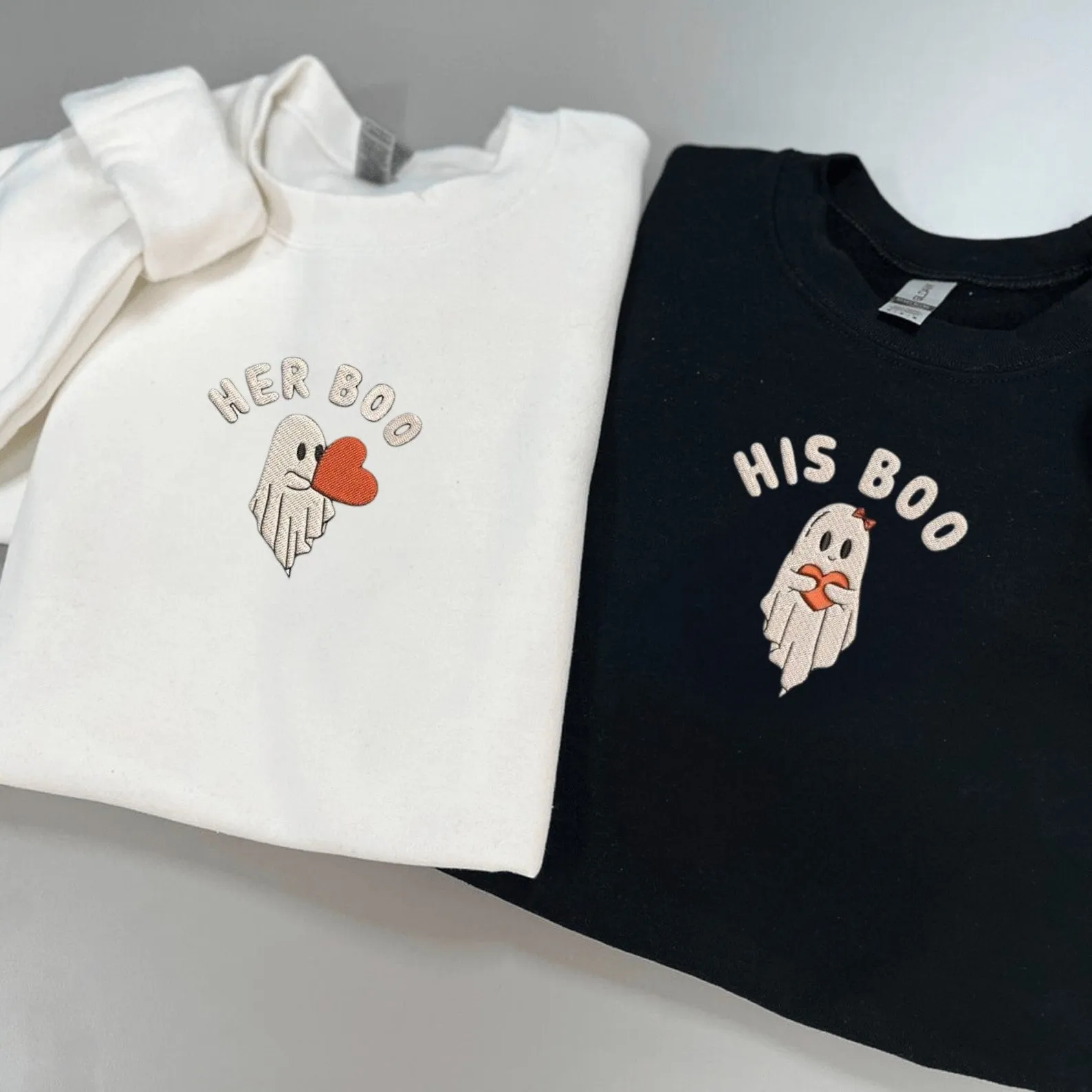 Matching Couple Hoodies - Halloween Ghost His/Her Boo Couple Custom Embroidered Sweatshirts For Couples