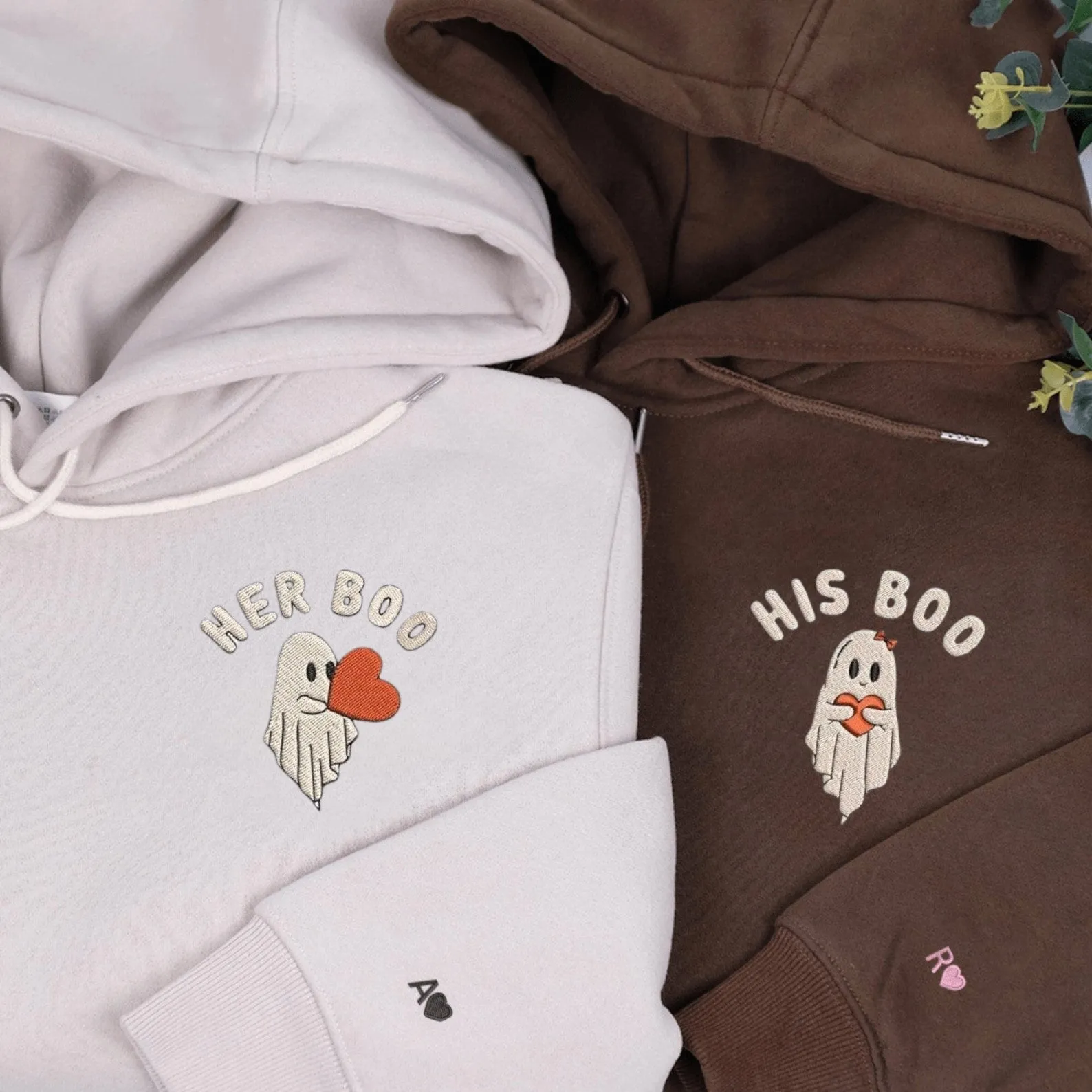Matching Couple Hoodies - Halloween Ghost His/Her Boo Couple Custom Embroidered Sweatshirts For Couples