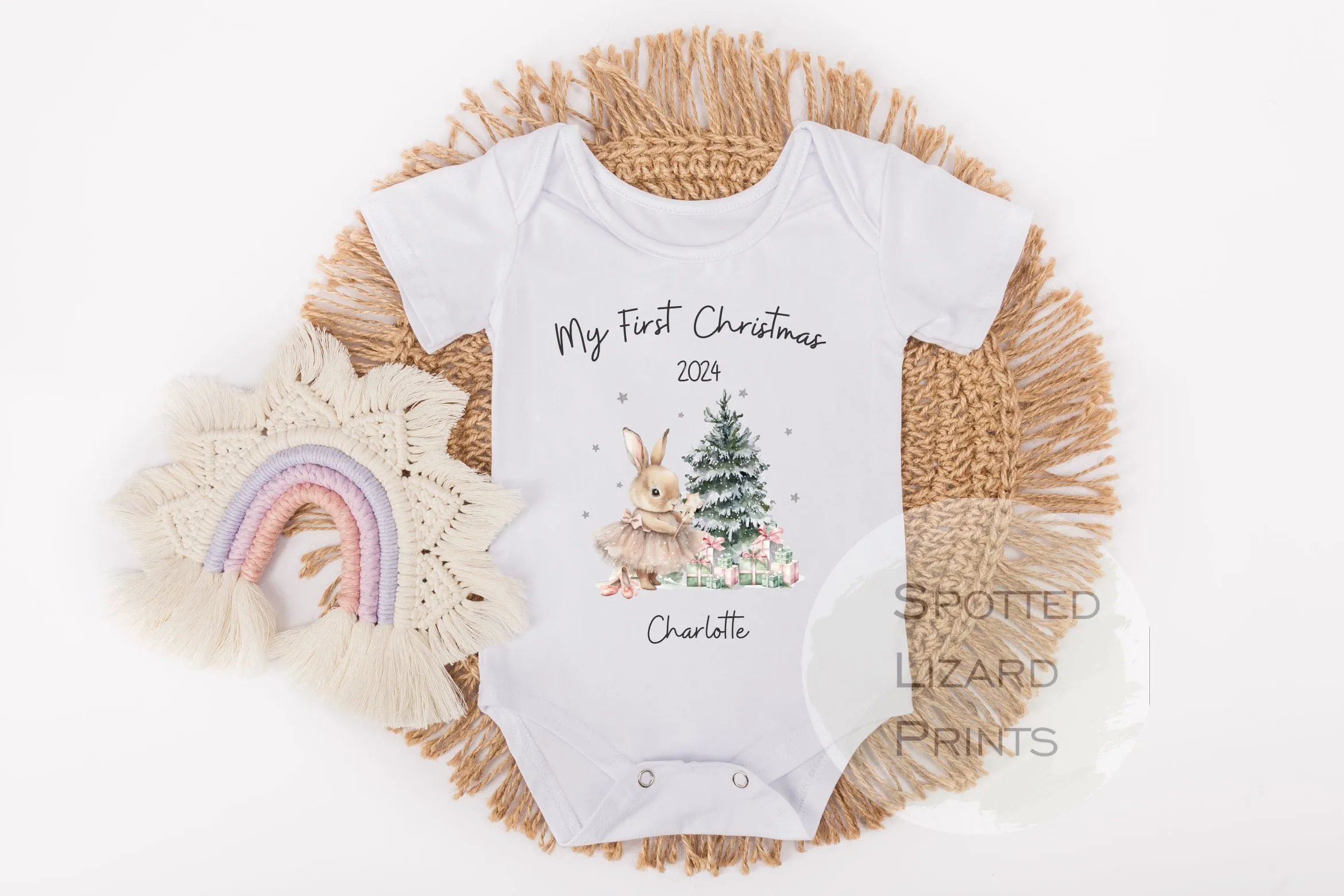 Personalised First Christmas Baby Outfit- My First Christmas Sleepsuit or Vest - 1st Xmas Bunny in Tutu