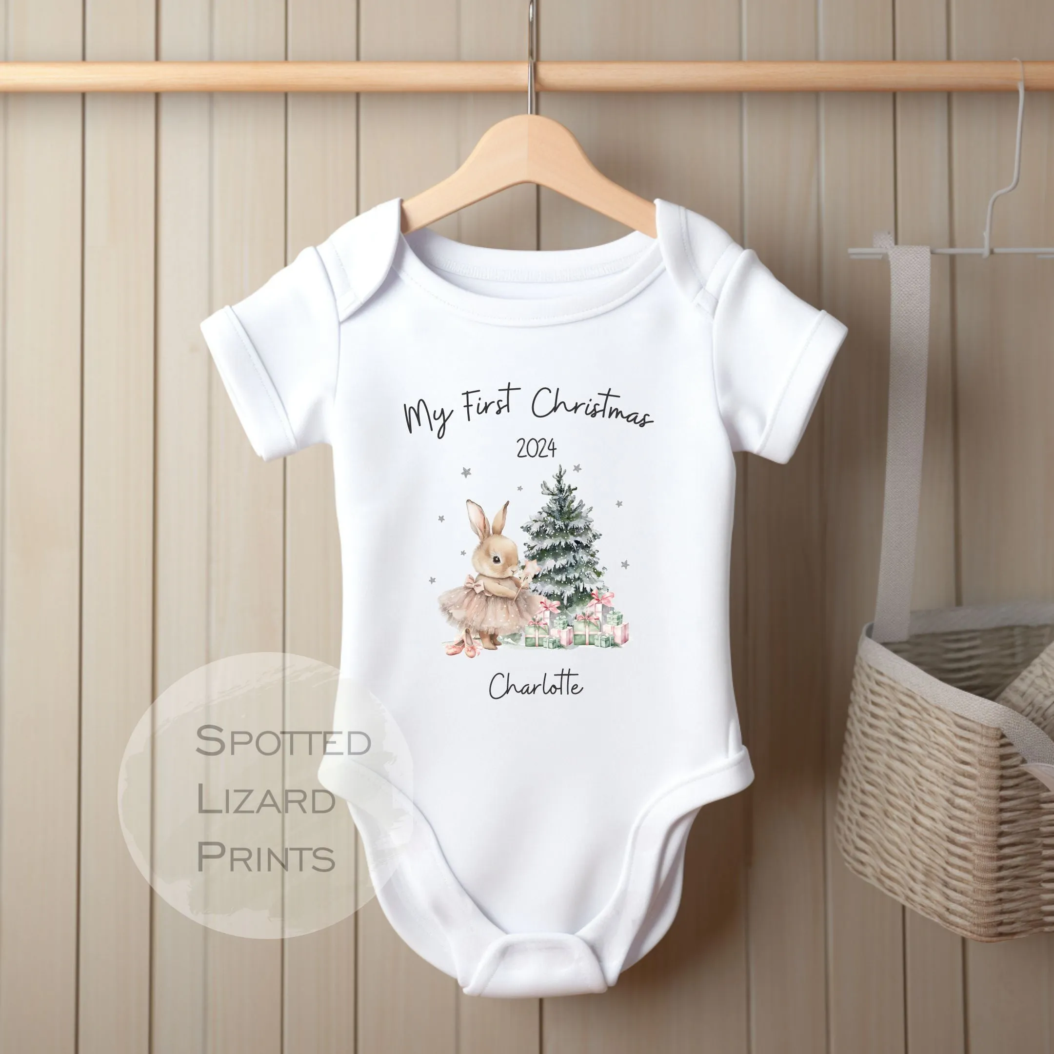 Personalised First Christmas Baby Outfit- My First Christmas Sleepsuit or Vest - 1st Xmas Bunny in Tutu