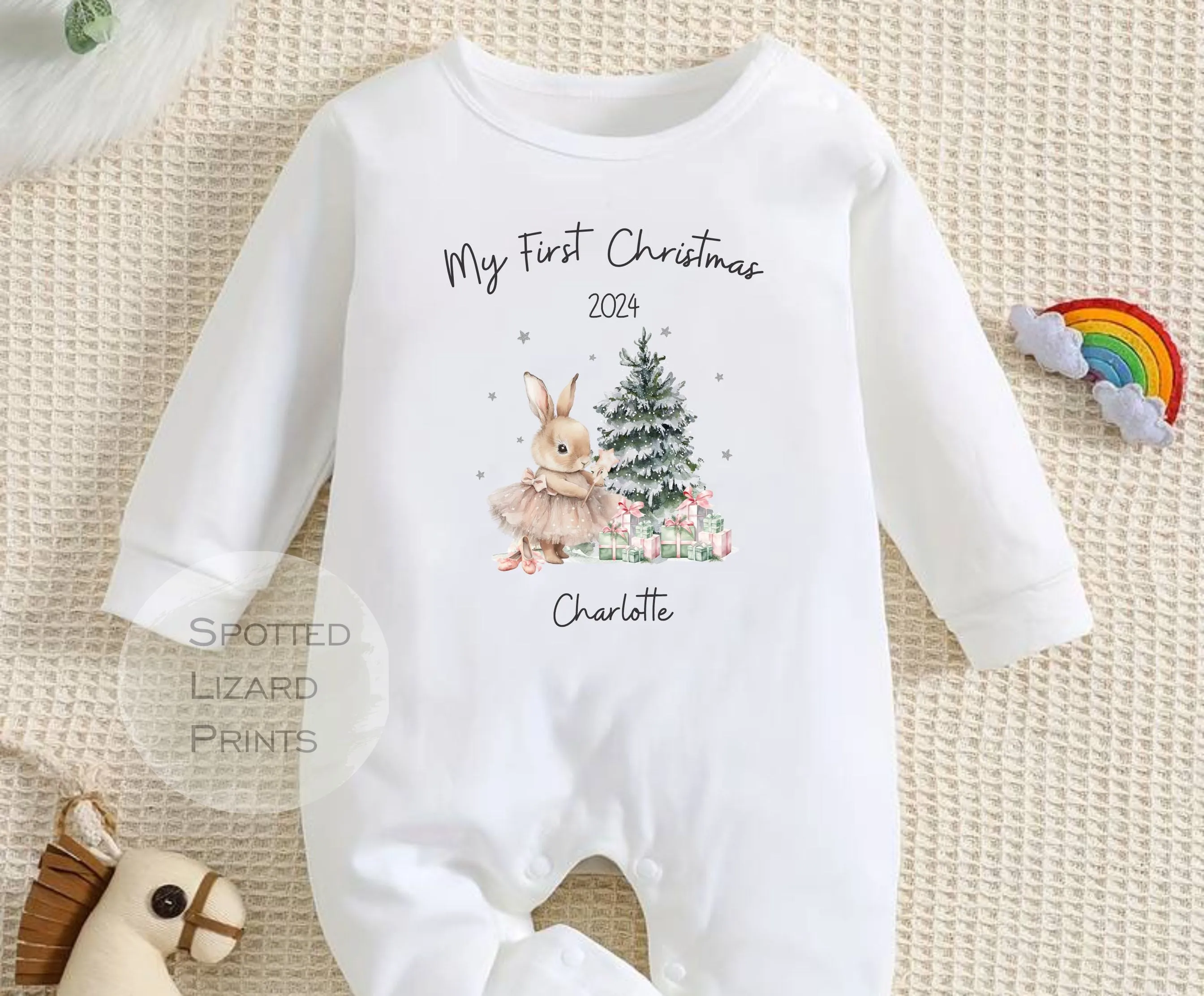 Personalised First Christmas Baby Outfit- My First Christmas Sleepsuit or Vest - 1st Xmas Bunny in Tutu