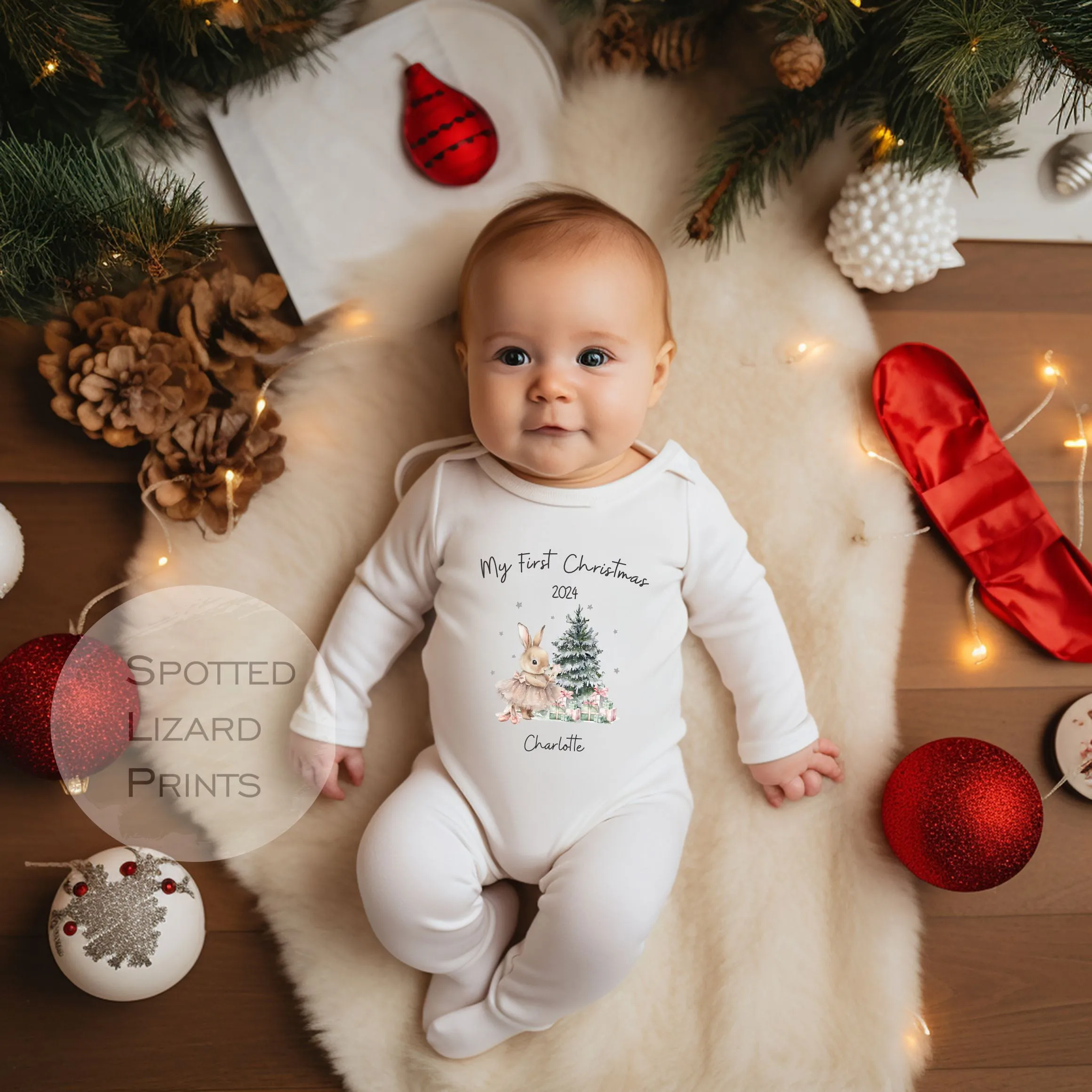 Personalised First Christmas Baby Outfit- My First Christmas Sleepsuit or Vest - 1st Xmas Bunny in Tutu