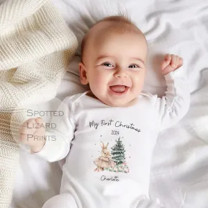 Personalised First Christmas Baby Outfit- My First Christmas Sleepsuit or Vest - 1st Xmas Bunny in Tutu