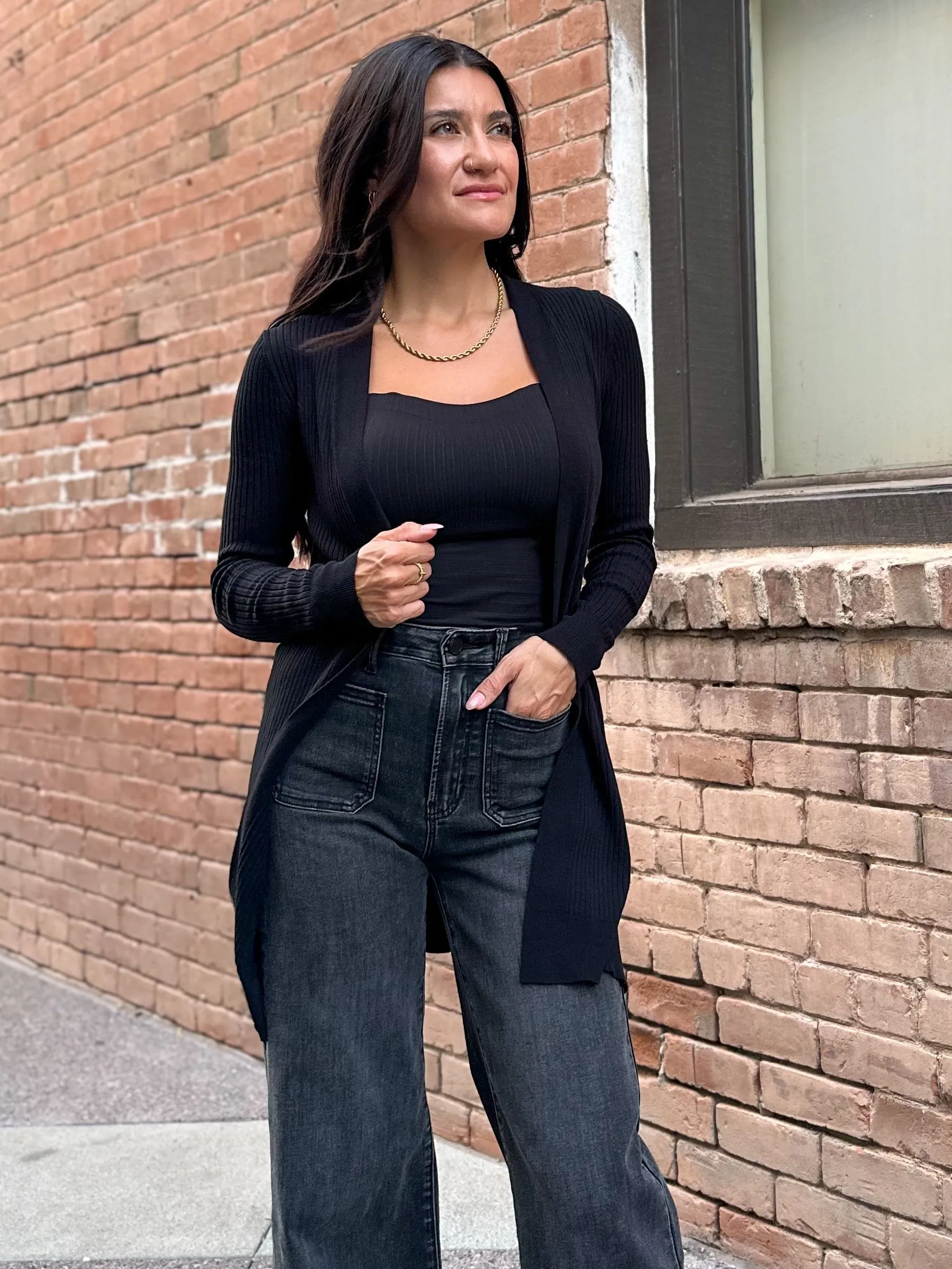 Ribbed Duster With Side Slit - Black