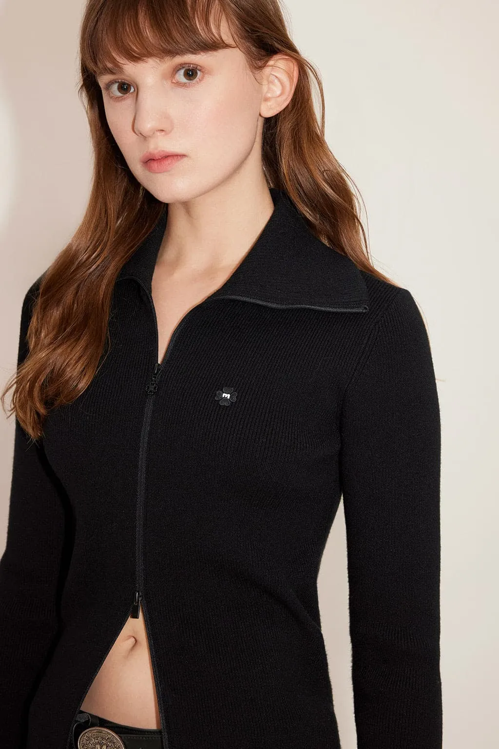 Soft Elastic Slim Zippered Stand Collar Woolen Jacket