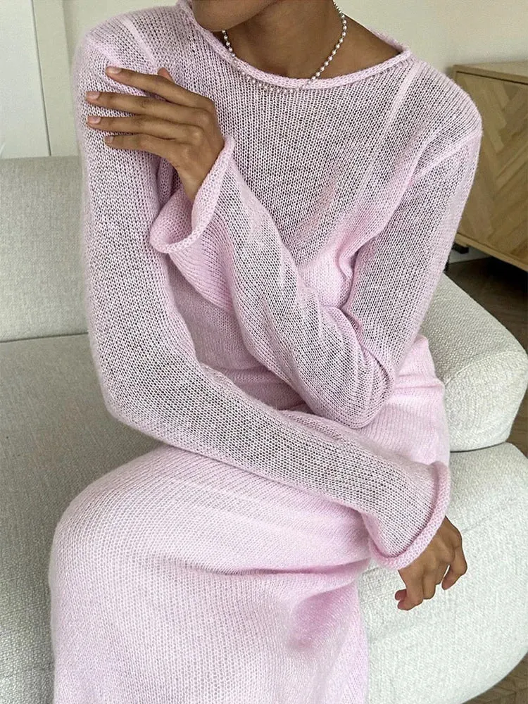 Spring Autumn O-Neck Elastic Knit Long Dresses Women 2024 Elegant Chic Soft Lady Hollowing Sweater Dresses Femme New