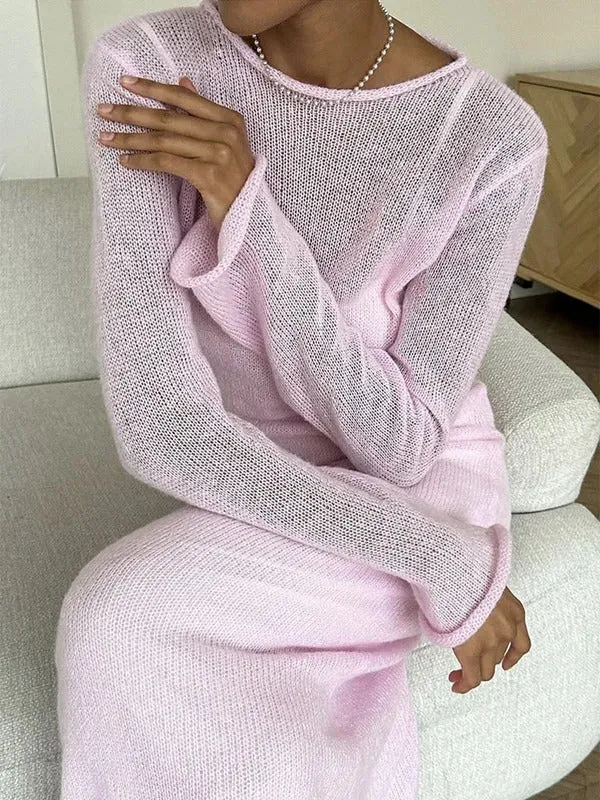 Spring Autumn O-Neck Elastic Knit Long Dresses Women 2024 Elegant Chic Soft Lady Hollowing Sweater Dresses Femme New