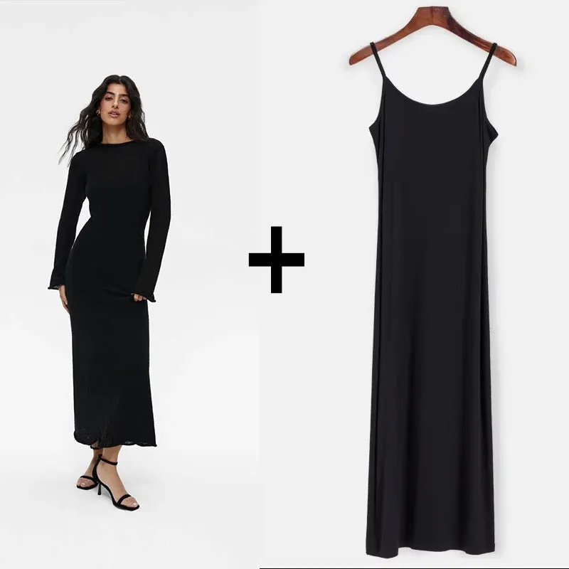 Spring Autumn O-Neck Elastic Knit Long Dresses Women 2024 Elegant Chic Soft Lady Hollowing Sweater Dresses Femme New