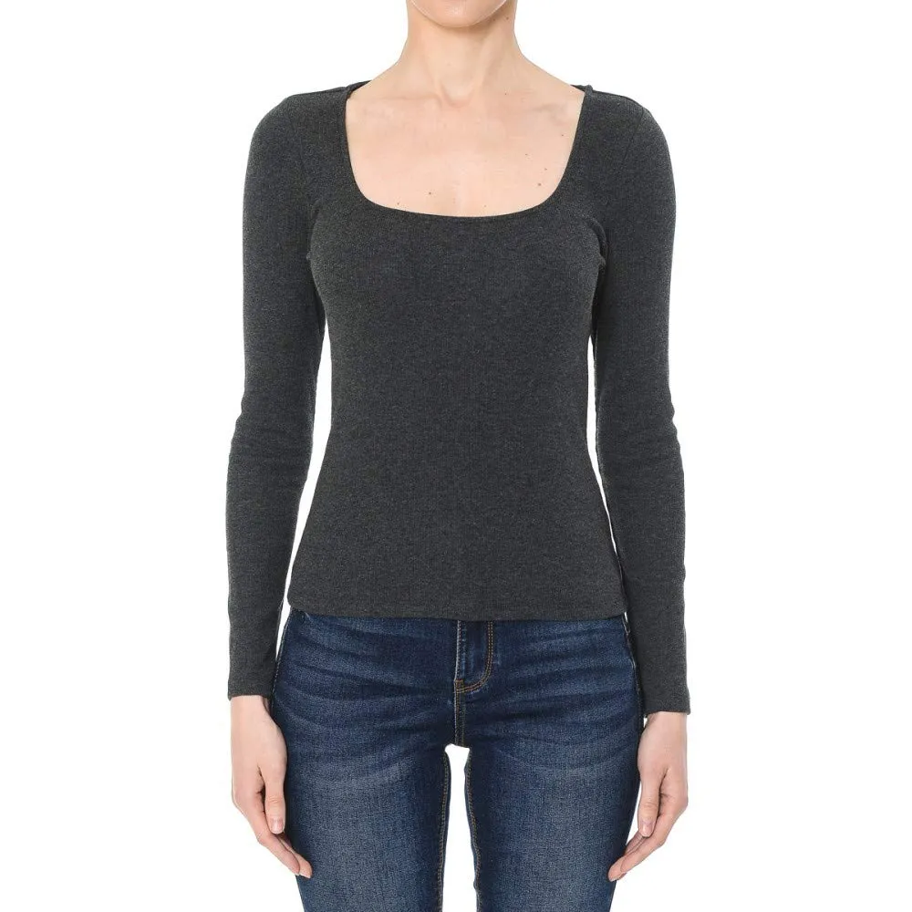 Women's Ribbed Square Neck Long Sleeve Top