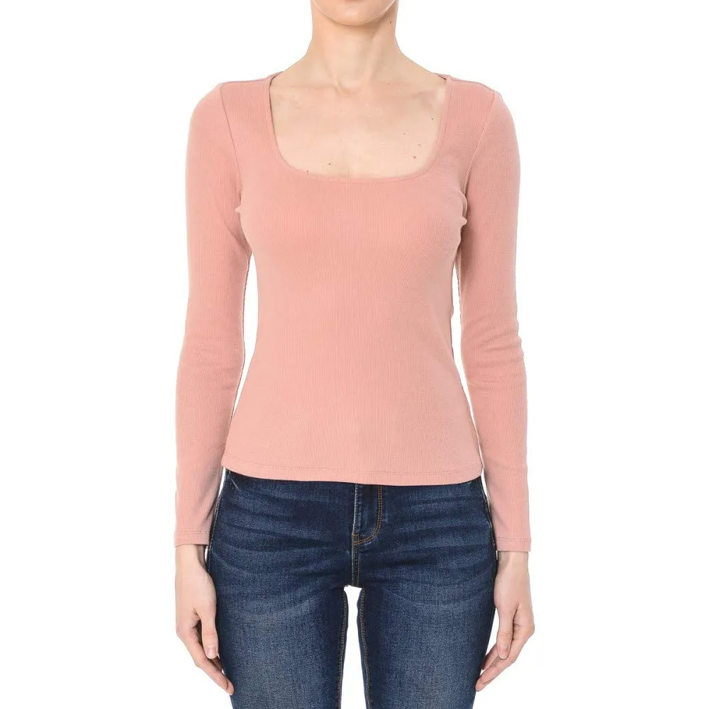 Women's Ribbed Square Neck Long Sleeve Top