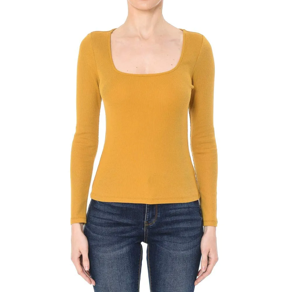 Women's Ribbed Square Neck Long Sleeve Top