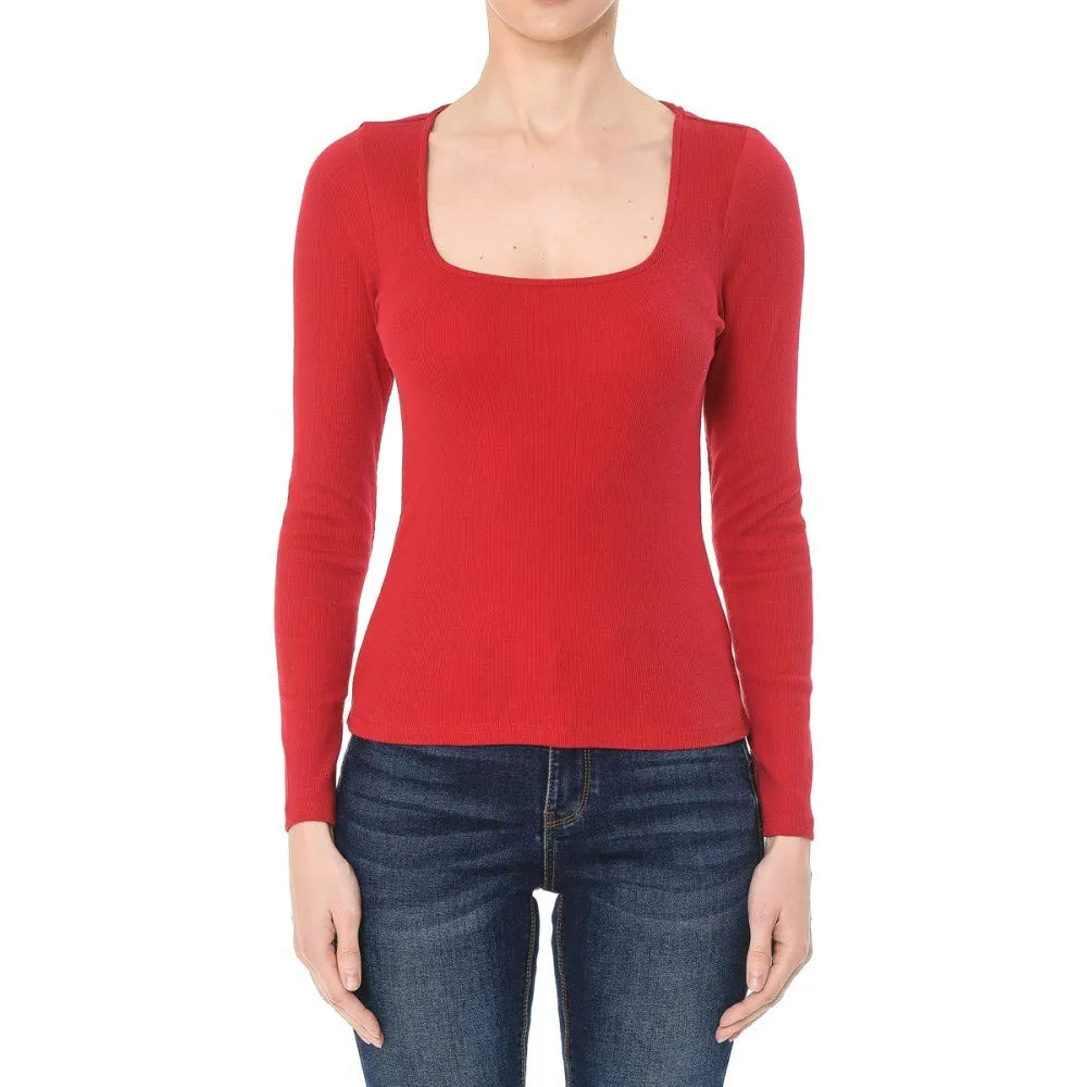 Women's Ribbed Square Neck Long Sleeve Top