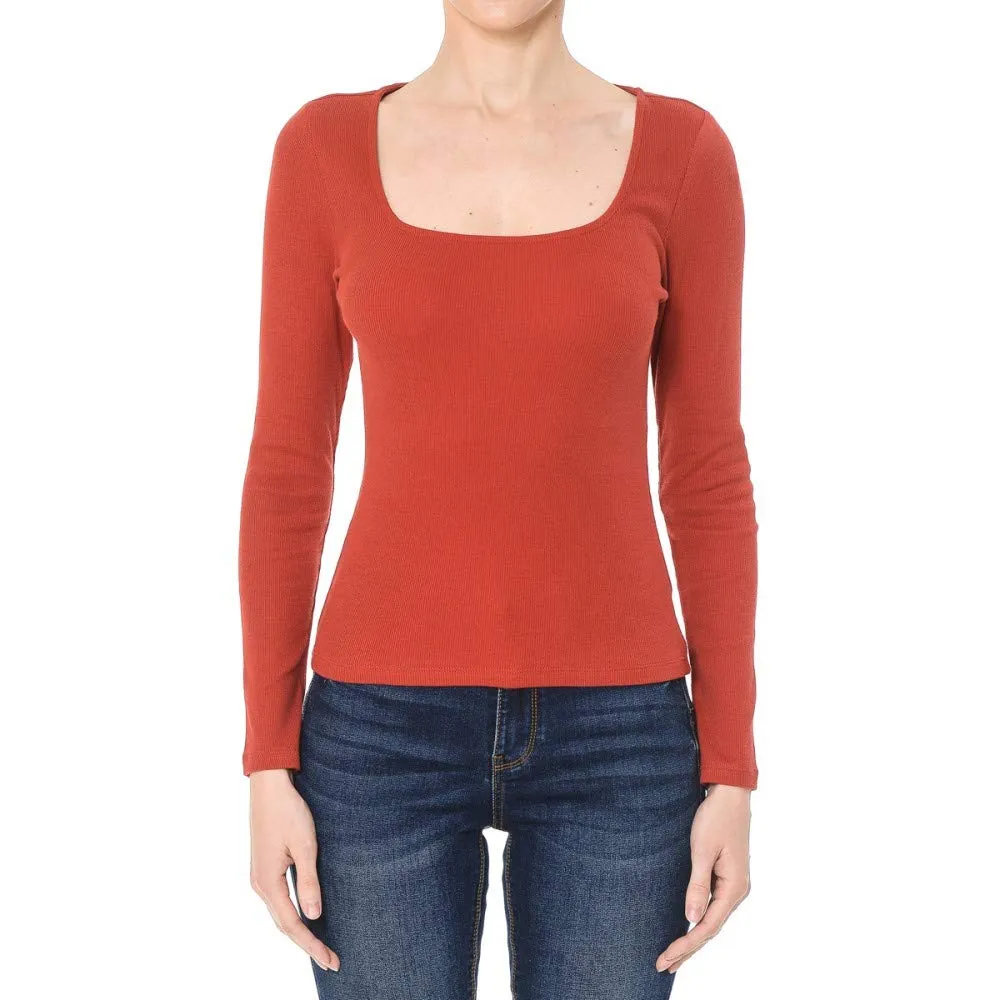 Women's Ribbed Square Neck Long Sleeve Top