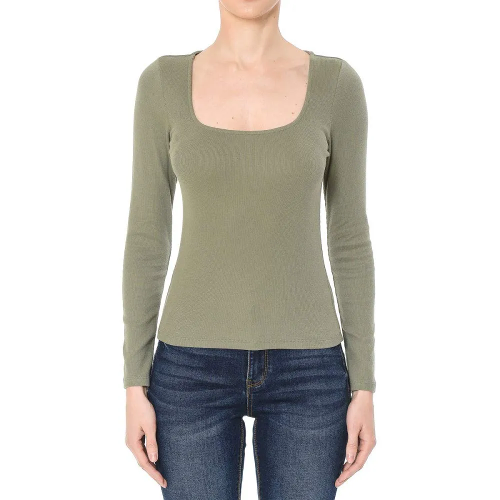 Women's Ribbed Square Neck Long Sleeve Top