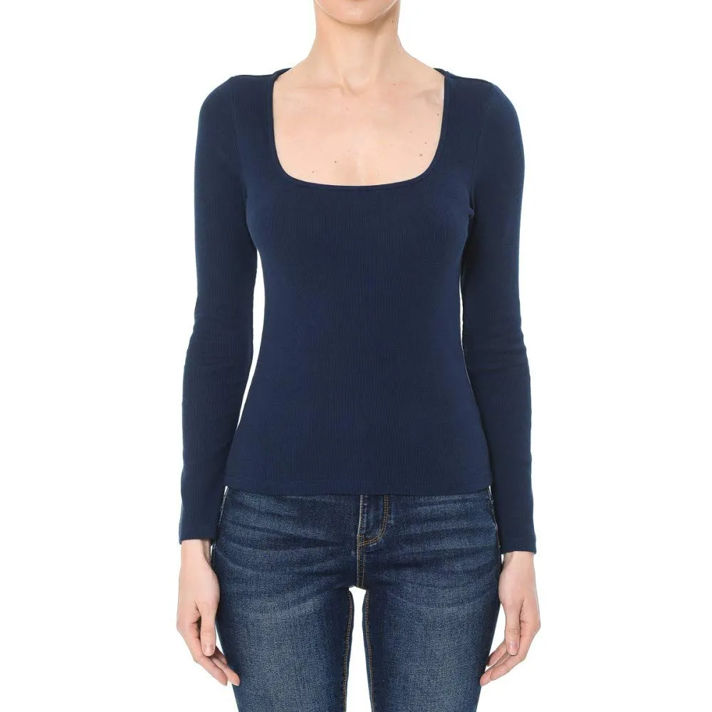 Women's Ribbed Square Neck Long Sleeve Top
