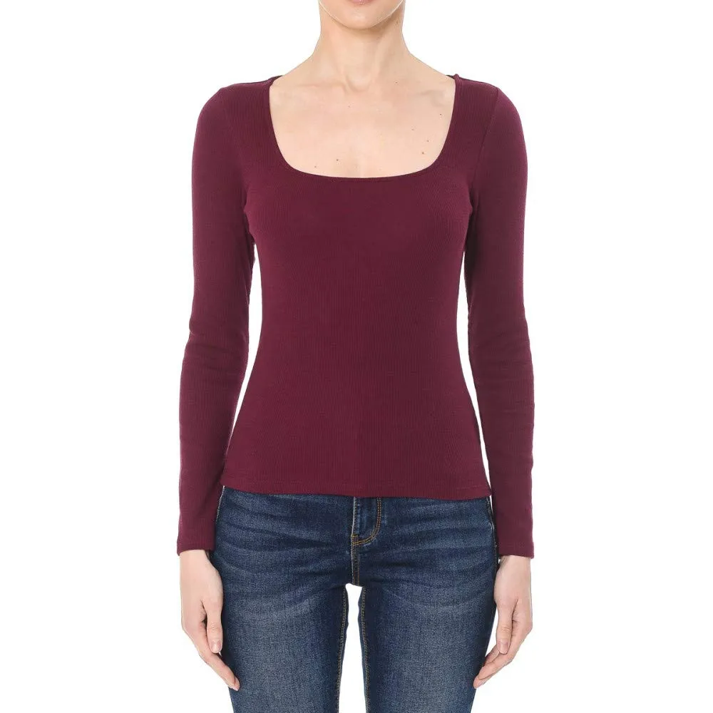 Women's Ribbed Square Neck Long Sleeve Top